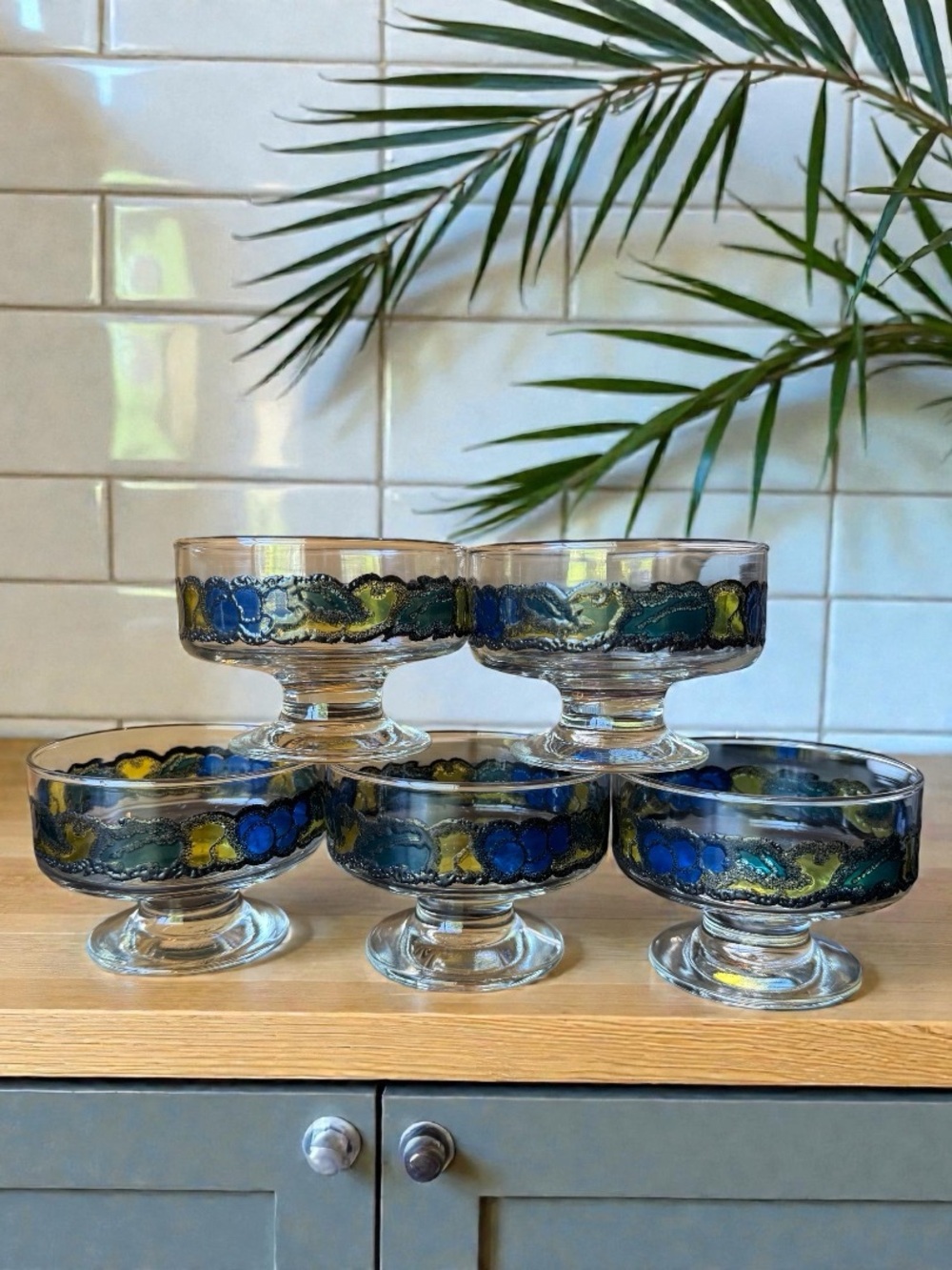 Vintage Libbey Stained Glass Dessert Cups Set of 5 Blue Green Footed Glass Bowls